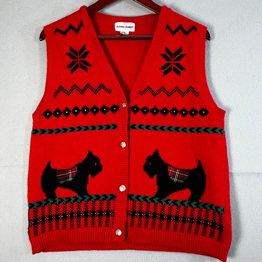 Alfred Dunner Red Scottie Dog Knit Sweater Vest Christmas V-Neck Medium